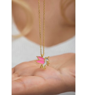 925 Ayar Gümüş Gold Pembe Mineli Unicorn Kolye