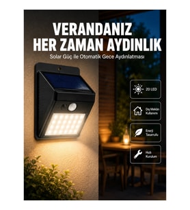 Mey İthalat® Bahçe ve Dış Mekanlar İçin Güneş Enerjili 20 LED Hareket Sensörlü Lamba Yeni Nesil