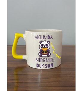 Aklımda Duracağına Midemde Dursun Baskılı Sarı Kulplu D Kupa (Beyaz)