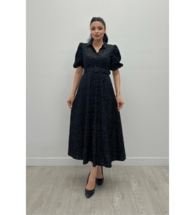 Cotton Kumaş Düğme Detaylı Gömlek Elbise - SİYAH