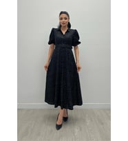 Cotton Kumaş Düğme Detaylı Gömlek Elbise - SİYAH