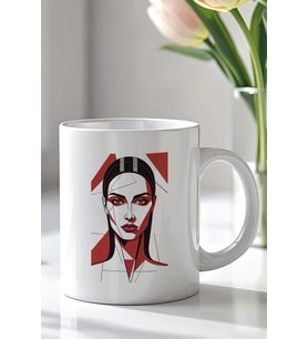 Geometrik Kadın Yüzü Desenli 330ml Baskılı Beyaz Seramik Kupa Bardak