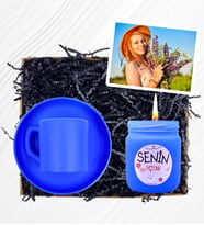 Renkli Türk Kahvesi Fincanı, Kokulu Cam Mum ve Fotoğraflı Hediye Seti (Turkuaz)