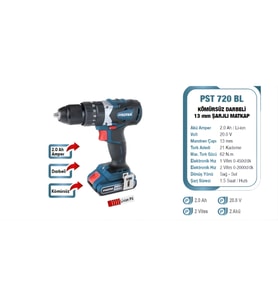 Proter PST 720 BL 2.0 Ah 20 V Li-ion Pil 2 Vts.Darbeli Kömürsüz Şarjlı Matkap P1EA070