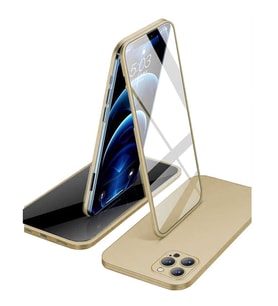 Apple iPhone 12 Pro Uyumlu 360 Derece Tam Kaplayan Cam Kapak Kılıf (Gold)