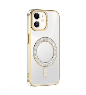 iPhone 11 Kılıf Pırlanta Taş Tasarımlı M-safe Şarj Özellikli Karetta Silikon Kılıf (Gold)
