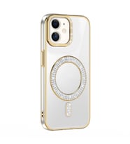 iPhone 11 Kılıf Pırlanta Taş Tasarımlı M-safe Şarj Özellikli Karetta Silikon Kılıf (Gold)