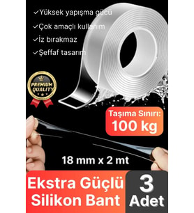 3 Adet Çok Amaçlı Çift Taraflı İz Bırakmaz Tamir Montaj Bandı Şeffaf Güçlü Silikon Bant 18 mm X 2 mt
