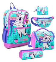Coral High Kız Çocuk Turkuaz Pembe Dondurmalı Kedi Desenli Beşli İlkokul Okul Çanta Seti (Çok Renkli)