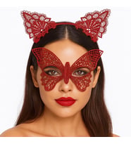 Gösterişli Kırmızı Dantel Maske Ve Taç Seti 7 No - Masquerade Ve Davetler İçin