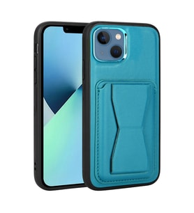 Apple iPhone 13 Kılıf Kartlıklı Standlı ?Suni Deri Memo Kılıf (Mavi)
