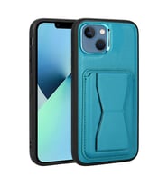 Apple iPhone 13 Kılıf Kartlıklı Standlı ?Suni Deri Memo Kılıf (Mavi)