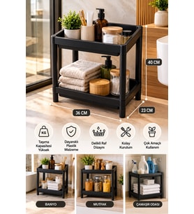 2 Katlı Plastik Raf Düzenleyici Siyah – Çok Amaçlı Mutfak, Banyo, Balkon ve Kiler Organizer Raf 40x3