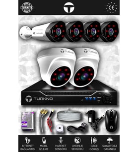 TURKNO 6 Kameralı Galia 2 İç Kamera Set HDD'siz Full HD Gece Görüşlü Güvenlik Kamerası Sistemi
