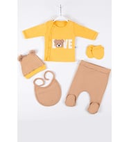 Love Bear Nakışlı 5'li % 100 Pamuk Erkek Bebek Hastane Çıkış Seti (Sarı)