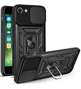 KVY Apple İphone 7 Kılıf Ultra Korumalı Yüzüklü Manyetik Sürgülü Vega Kapak (Siyah)