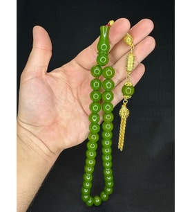 SIKMA ÇUBUK KEHRİBAR TESBİH AÇIK YEŞİL RENK KÜRE KESİM 13,5 MM T-601 (Çok Renkli)