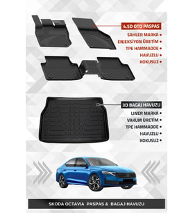 Sahler Skoda Octavia 2020+ Uyumlu 4.5D Premium Havuzlu Oto Paspas ve Liner Marka 3D Bagaj Havuzu