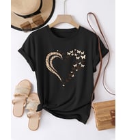 Unisex Leopar Kelebekli Kalp Tasarım Basklı Tshirt (Siyah)