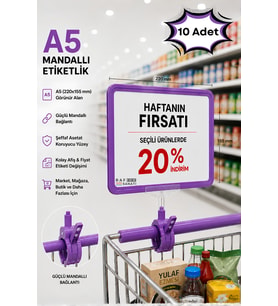 10 Adet - A5 Mandallı Etiketlik Fiyatlık Sepet Raf Askılık Fiyat Etiketi Çerçeveli Market Mağaza Mor