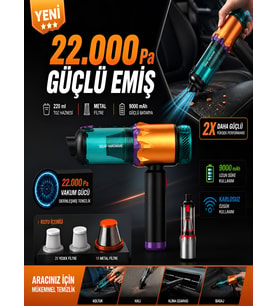 22000Pa 220W Ultra Güçlü 9000mAh Kablosuz Araç İçi Süpürge Metal Filtreli 220ml Şarjlı Mini