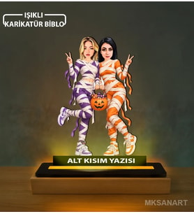 Kişiye Özel Arkadaş Şeker Kovasıyla İki Karikatürlü 14 cm MDF Işıklı Biblo - Arkadaşa Hediye Arkadaşa Doğum Günü Hediyesi