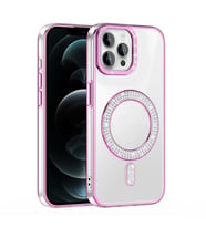 iPhone 12 Kılıf Pırlanta Taş Tasarımlı M-safe Şarj Özellikli Karetta Silikon Kapak (Rose)
