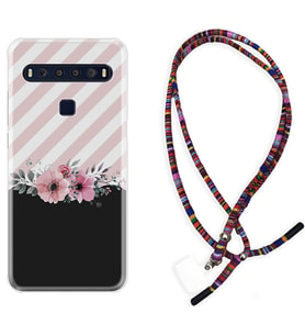 TCL 10L 10 Plus 10SE 20E 20SE 30 L7 Kılıf Boyun Asklı Rasta Silikon Strip Pink Flowers 1396