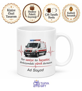 Ambulans Şoförü Acil Çağrı Hayat Kurtaran Saniye Baskılı Porselen Kupa Bardak Hediye
