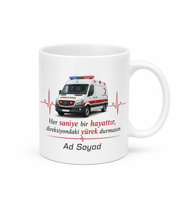 Ambulans Şoförü Acil Çağrı Hayat Kurtaran Saniye Baskılı Porselen Kupa Bardak Hediye