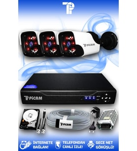 PICAM 3 Kameralı Panda 3 Dış Kamera Set 100 GB HDD Full HD Gece Görüşlü Güvenlik Kamerası Sistemi