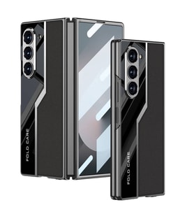 Galaxy Z Fold 6 Kılıf Ultra İnce Kamera Korumalı PC + Deri Arka Yüzey Kıpta Poligan Kılıf (Siyah)