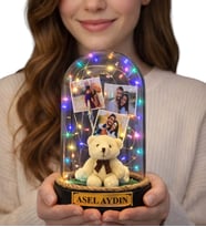 Kişiye Özel Tasarım Renkli Led Işıklı Fanus Size Özel Yazılı ve 3 Fotoğraflı (Model 2)