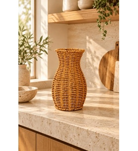 Atbyhome Doğal Hasır Rattan Çiçek Vazosu 26 cm - Masa Üstü Dekoratif El Örgüsü Kuru Çiçeklik Ve Saksı