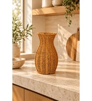 Atbyhome Doğal Hasır Rattan Çiçek Vazosu 26 cm - Masa Üstü Dekoratif El Örgüsü Kuru Çiçeklik Ve Saksı