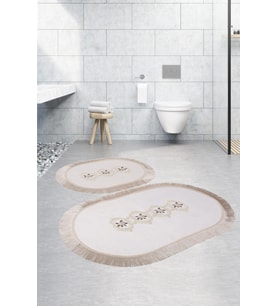 Shems Oval Krem 2'li Dantelli ve Saçaklı Banyo Halısı Paspası Seti Çeyizlik 