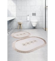 Shems Oval Krem 2'li Dantelli ve Saçaklı Banyo Halısı Paspası Seti Çeyizlik 