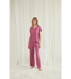 Monamise Kadın Kısa Kollu V Yakalı Dantelli Pijama Takımı 18579 