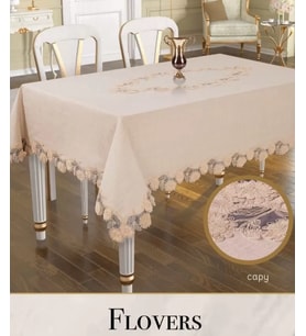 Keten 3D İşlemeli Flowers Model 160x260cm Kapiçino Dantelli Masa Örtüsü Dekoratif