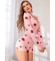 Kadın Pembe Çilek Desenli Pijama Tulumu 5125