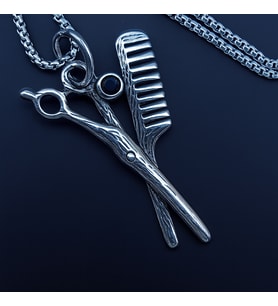 voyageaccessory Büyük Boy Kuaför Temalı Siyah Zirkon Taşlı Paslanmaz Kararmaz Çelik Kolye /Tarak Makas Kolye