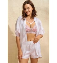 Amora Secret Saten Bride Baskılı Dantelli Sabahlık Balensiz Desteksiz Dolgusuz Bralet Sütyen Ve Şor