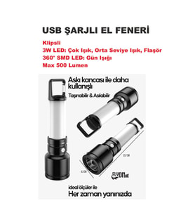 Şarjlı El Feneri Hem Aydınlatma Hem Fener 3W LED Çok Işık, Orta Seviye Işık, Flaşör  360° SMD Lamba