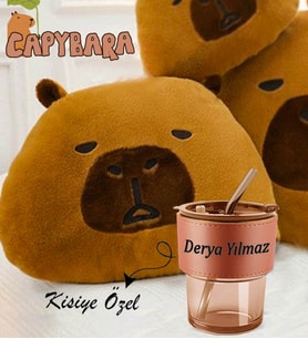 Kişiye Özel Fotoğraflı Kapibara Capybara Polar Yastık & Deri Pipetli Cam Bardak