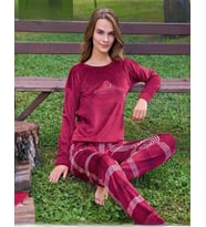 Pijamoni Kadın Kışlık Bisiklet Yaka Likralı Kadife Pijama Takımı 4210/2- 1 Adet (Bordo)