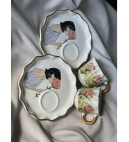 %100 El Boyaması Pembe Gül Desenli Türk Kahvesi Fincanı, Mug, Kupa
