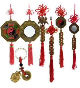 Feng Shui Şans ve Bereket Beşli Set Bagua Ayna Para Dragon ve Maneki Neko (Çok Renkli)