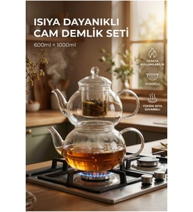 Elegan 600+1000ml Cam Süzgeçli Borosilikat Cam Demlik, Isıya Dayanıklı Cam Kapaklı, Çaydanlık