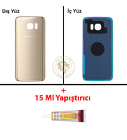 Samsung Galaxy S7 Edge Gold Renk Arka Kapak + B7000 Yapıştırıcı Arka Cam Batarya Kapağı Pil Kapağı Lazer Kesim Back Cover Galaxy S7 Edge Uyumlu