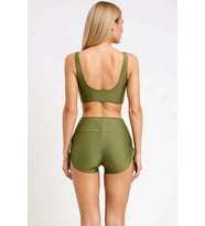 Kadın Şort Bikini Takımı V Yaka Kolsuz Bralette Üst Yüksek Bel Düz Desen Tünelli Bağlama Detaylı